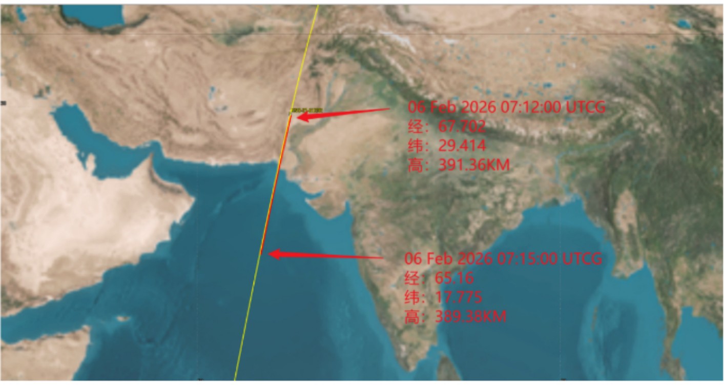 Map showing the ground track of the SCA-2 satellite over the Arabian Sea and South Asia, annotated with two timestamped positions on 6 February 2026 at altitudes near 390 kilometres.