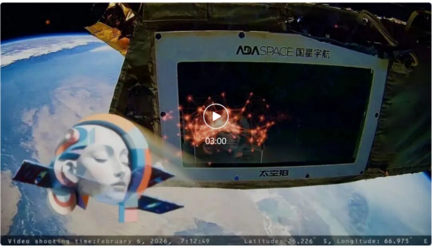 The SCA-2 satellite in low Earth orbit, its onboard display showing a still from Orbital Dreams: Ancestral Memory, with the curve of the Earth behind it.