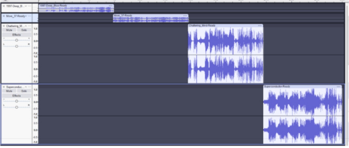 Digital audio workstation session showing four stacked tracks with waveform blocks, one per movement of the score.