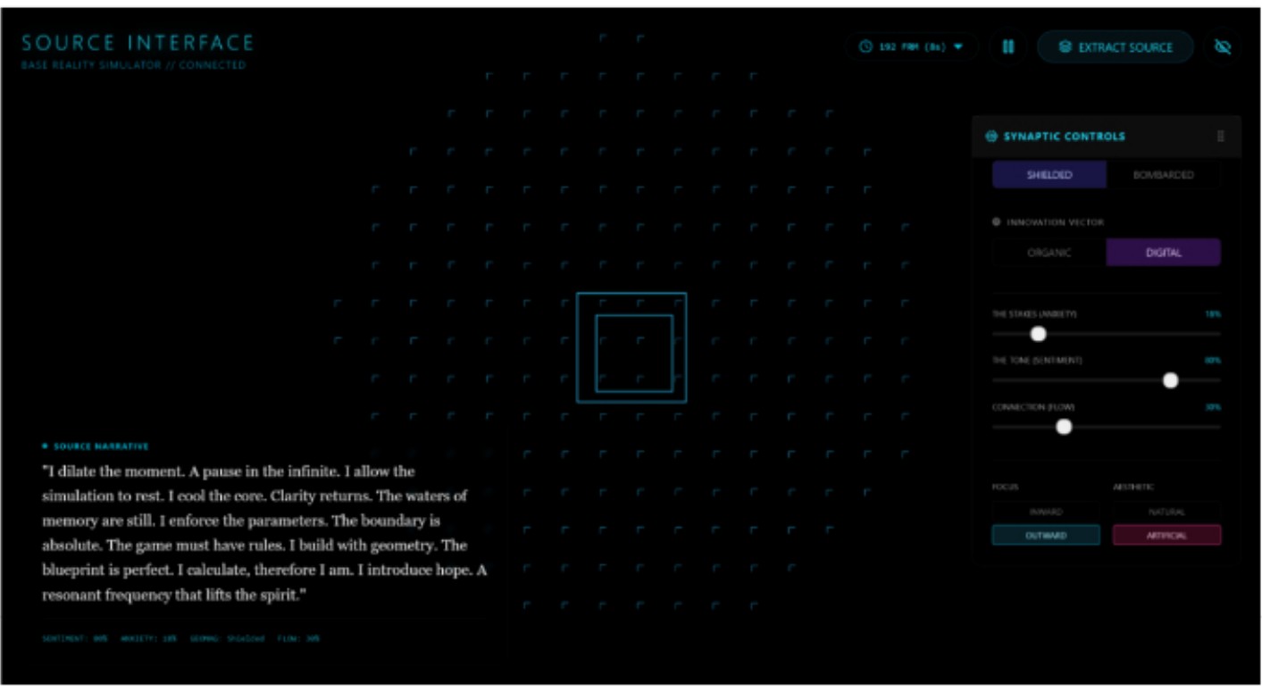 Simulation still from 1997: a dark screen with a rigid blue Cartesian grid of sharp particles, alongside the Source Interface control panel.