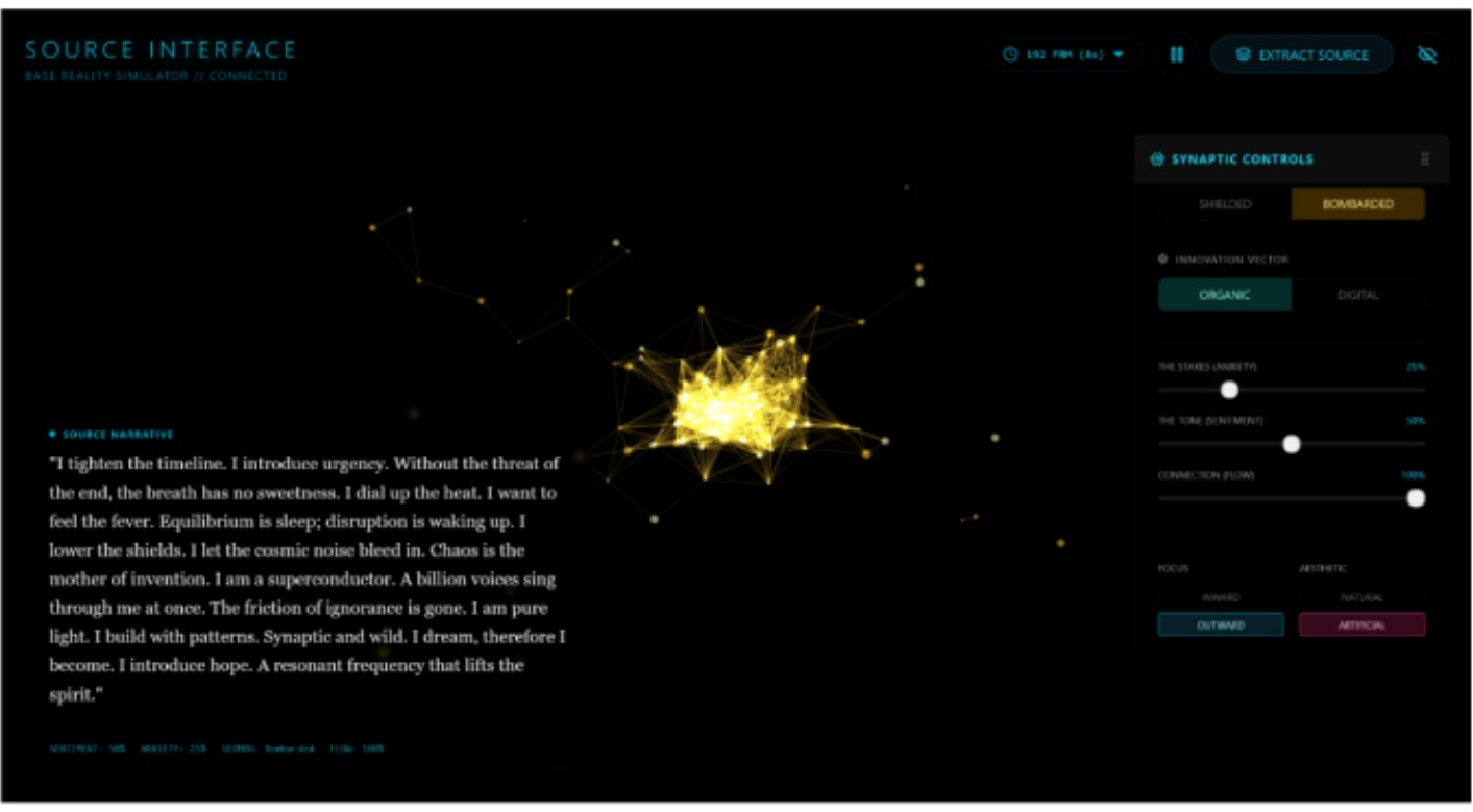 Simulation still from 2022: a dense, agitated field of red particles with a bright gold burst at its centre.