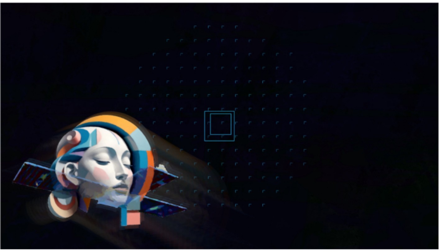 Senti-naut 1997: a painted satellite with a serene human face at its centre, drifting against a dark grid-marked field.